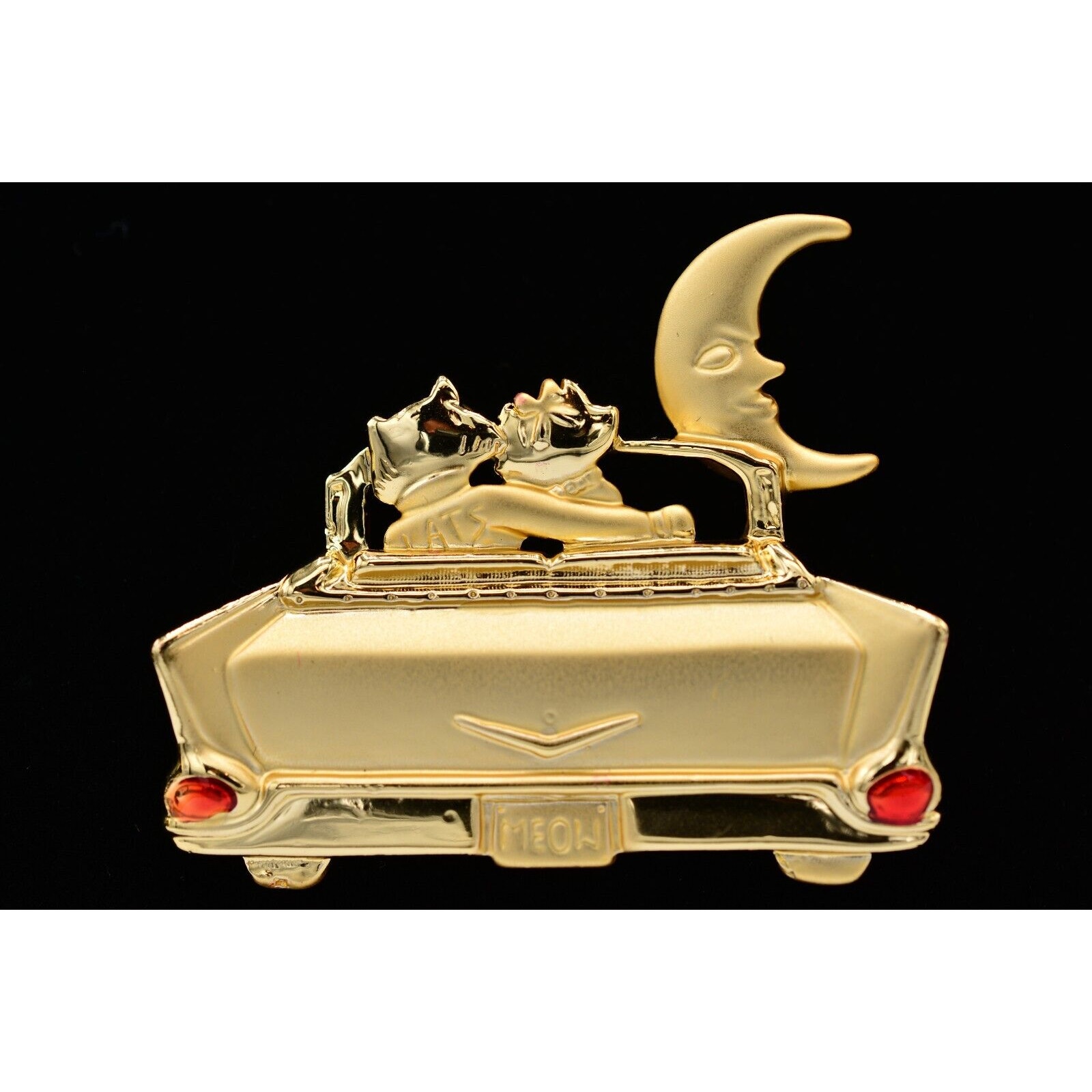 Ajc Vintage Pin Brooch Brushed Gold Cats Drive In Car Moon Signed Nos 80s Bina2 18$